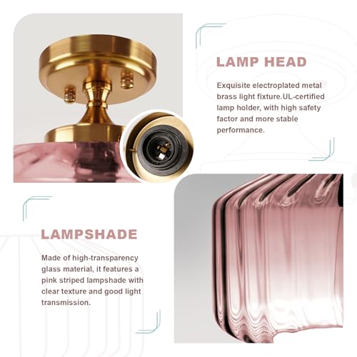 Flush Mount Ceiling Light Gold Light Fixture Set of 2 Striped Glass Shade Pink Chandelier Farmhouse Semi Flush Mount Light for Pantry Bar Cafe Hallway Entryway - color: Pink, 2 Pack