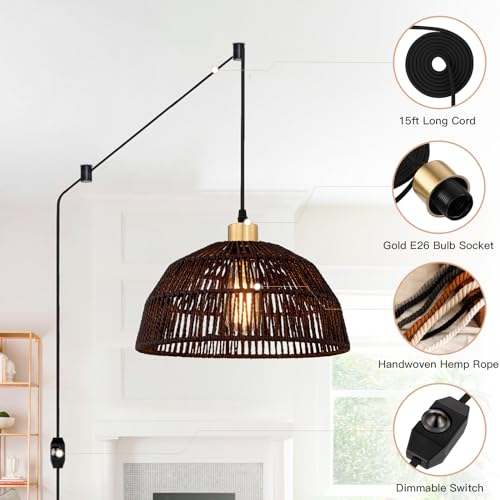 Cinkeda Plug in Pendant Light, Hanging Lights with 15ft Cotton Cord & Stepless Dimming Switch, Handwoven Hemp Rope Lampshade, Black Rattan Lamp for Dining Room,Hallway - color: Black Rattan 11.8"