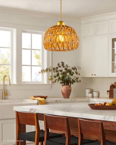 Rattan Pendant Light Fixtures, 7.6” Boho Woven Basket Pendant Light, Handmade Wicker Hanging Lamp, Rustic Wicker Chandelier for Kitchen Island, Dining Room, Living Room, Bedroom, E26 Base - color: 7.67″-Round