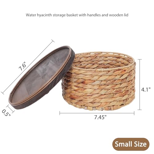 Small Water Hyacinth Storage Basket with Wooden Lid, 7.45" D x 4.1" H Handwoven Round Organizer for Bathroom Vanity, Desk Drawer & Countertop (Small) - size: Small