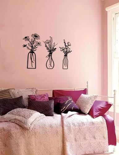 Conmetal 3 Pieces Metal Flowers Wall Arts - Rustic Farmhouse Decor Beige Minimalist Flower Wall Decors for Living room Bathroom Bedroom Dining Room-Housewarming Gifts (Beige, Vase-C) (A)