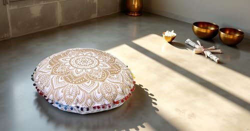 Round Mandala Floor Pillow Cover Seating Cushion Throw Cover Hippie Decorative Bohemian Ottoman Pouf Cover, Pom Pom Pillow Cases,Boho Indian 22 Inches (Gold) - color: Gold