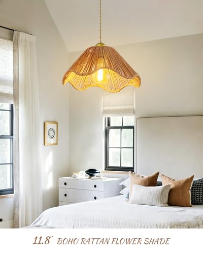 Mini Rattan Pendant Lights, 11.8″ Kitchen Island Pendant Lights with Flower Shade, Boho Handwoven Rope Woven Chandelier for Living Room Dining Room Bedroom Wicker Adjustable Height Hanging Lamp - color: 11.81″-Flower-shape