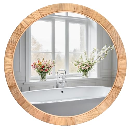 FUIN 25" Boho Chic Round Rattan Mirror - Handmade Wicker Frame - Perfect for Rustic Farmhouse Décor - color: Rattan, size: 25"L x 25"W