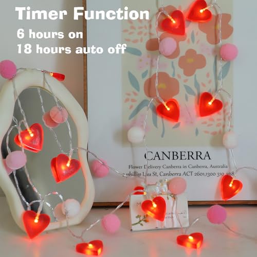 ChiRee Red Heart String Lights 9.85 Ft Valentines Light with 20 LEDs 20 Pink Pom Poms Garland Lights Battery Operated with Timer Valentines Decorations for Wedding Party Valentine Decor - style: Pink-Red Heart