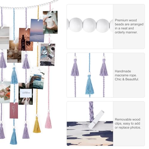 Mkono Macrame Hanging Photo Display Wall Decor with String Lights Boho Room Bedroom Wooden Beads Garland Picture Greeting Cards Holder with 30 Clips - color: Multi Color, size: Medium
