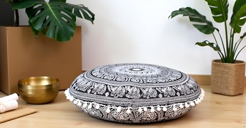 CRAFT KALA 32" Large Round Bohemian Floor Pillow Cover Boho Pouf Cover Mandala Meditation Room Pillows Cover Adults Seating Poufs Cushion Cover for Kids Reading Playroom Black Elephant Flower - color: Black and White Elephant
