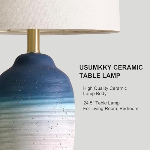 USumkky 24.5" Vintage Ceramic Table Lamp with 5FT Cord - Single Farmhouse Rustic Bedside Lamp with Natural Textured Finish, Nightstand Lamps for Living Room, Bedroom, End Table, Office White and Blue - color: 24.5" Office White & Blue