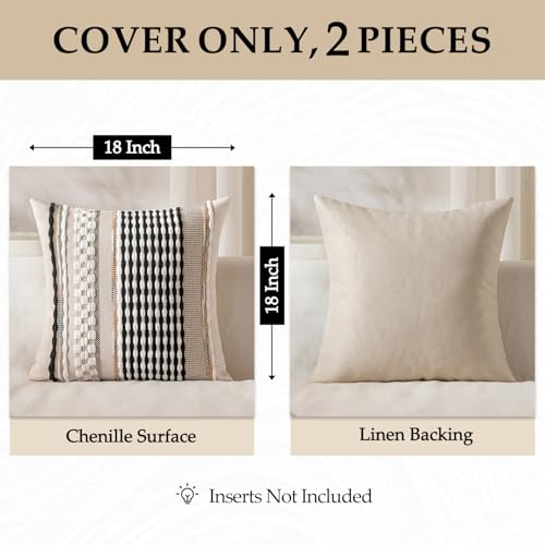 ANRODUO Pack of 2 Boho Decorative Throw Pillow Covers 18x18 Farmhouse Cushion Case Striped Chenille Pillow Cases Square Pillow Covers Accent Neutral Pillowcase for Sofa Couch Bed, Black-White Stripe - color: Black-white Stripe, size: 18" x 18" (Pack of 2)