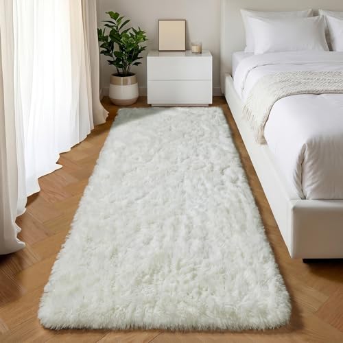 ONASAR Cream White Runner Rugs for Bedroom Living Room, Ivory Fluffy 2x6 Bedside Hallway Area Rug, Ultra Soft Plush Furry Faux Fur Non Slip Floor Carpet for Nursery Kids Dorm Closet Home Decor - color: Cream White, size: 2' x 6' (Runner)