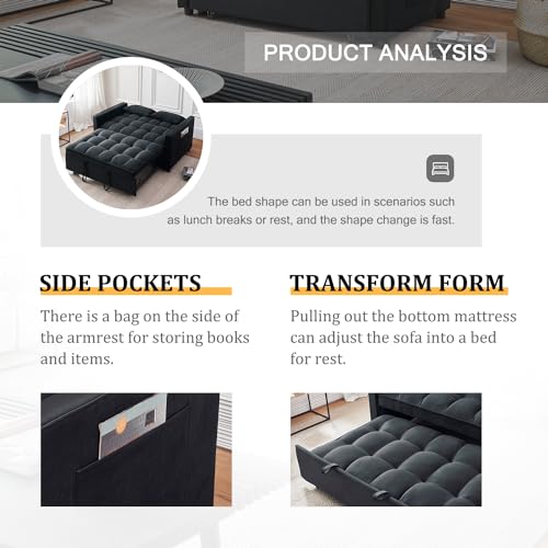 Futon Sofa Bed,Modern 3 in 1 Convertible Sleeper Sofa, Pull Out Couch Bed with Adjustable Backrest, Storage Pockets and Toss Pillows for Living Room, Bedroom (Black) - color: Black