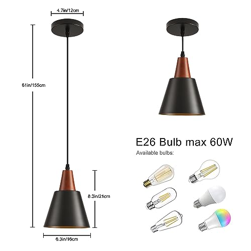 2 Pack Pendant Lights, Black Pendant Lights Kitchen Island,Wood Dome Minimalist Industrial Ceiling Hanging Lights for Kitchen Island, Barn, Dining Room, Living Roo m, Bedroom - color: Black