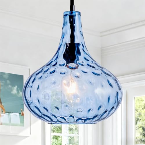 11" Hand-Blown Blue Glass Pendant Light, Hammered Glass Shade with Black Finish, Adjustable Modern Hanging Light Fixture for Kitchen Island, Dining Room, Hallway, Living Room - color: Blue Rod