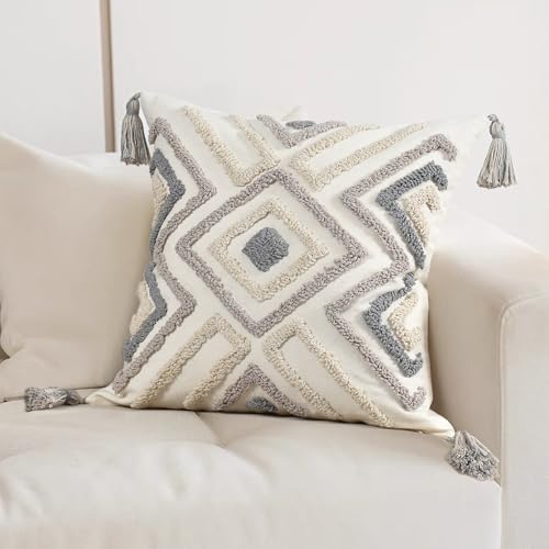 Boho Pillow Covers 18X18 Inch Boho Tufted Throw Pillow Covers Decorative Tassels Cushion Cover Farmhouse Pillow Case for Couch Sofa Bed Living Room Bedroom, Grey Netural - color: Boho Multi-grey, size: 18" x 18" (Pack of 1)