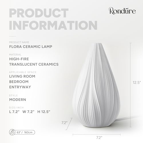 RONDURE 12.5" Modern Ceramic Table Lamp, Fully Dimmable Bedside Lamp for Bedroom Living Room Nightstand, White Translucent Ceramic Shade, Warm Ambient Decorative Corded Lighting, Bulb Included - style: Flora
