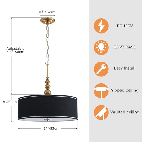 Shrine Lighting Drum Chandeliers, Farmhouse Style, Perfect Drum Pendant Light for Dining Room, D20'' x H7'', Adjustable Chains 59'', E26*3 Sockets, Black Linen Fabric Lampshade & Gold Rod - color: Black&Gold D20''