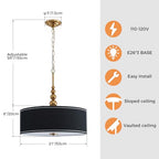 Shrine Lighting Drum Chandeliers, Farmhouse Style, Perfect Drum Pendant Light for Dining Room, D20'' x H7'', Adjustable Chains 59'', E26*3 Sockets, Black Linen Fabric Lampshade & Gold Rod - color: Black&Gold D20''