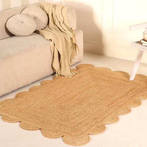 Scalloped Natural Jute Rug 4x6ft – Handwoven Natural Fiber Rug for Living Room, Bedroom, and Entryway, Rustic & Boho Style - size: 4' x 6' (Rectangular)