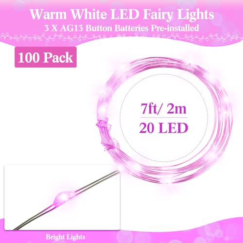 Hortsun 100 Packs Fairy Lights Battery Operated 3 Speed Modes, 7 Ft/ 2 M 20 LED Battery String Mini Waterproof Wire Twinkle Lights Bulk for Wedding Party Birthday Vases Decor (Pink Light) - color: Pink Light