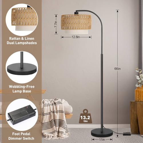 Rattan Floor Lamp, Dimmable Boho Floor Lamp, Farmhouse Arc Standing Lamp with Adjustable Rattan & Fabric Shades, Modern Lamp Tall Lamp for Living Room Bedroom Office Reading Room, Bulb Included - color: Black with rattan shade