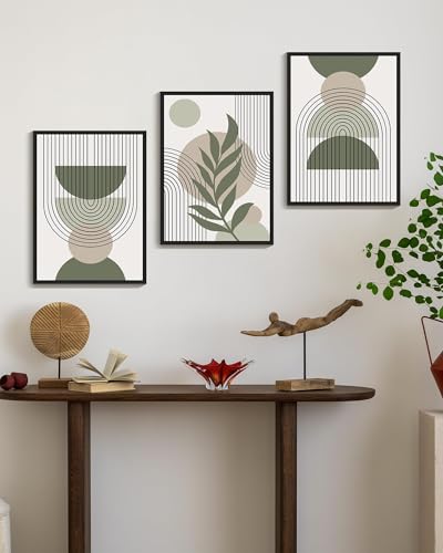 Drsoum 11x14in Boho Wall Art Green Sage Decor Framed Wood Modern Bohemian Abstract Geometry Canvas Prints Ready to Hang - Black Framed - color: green boho decor, Black Framed, size: 11" x 14"