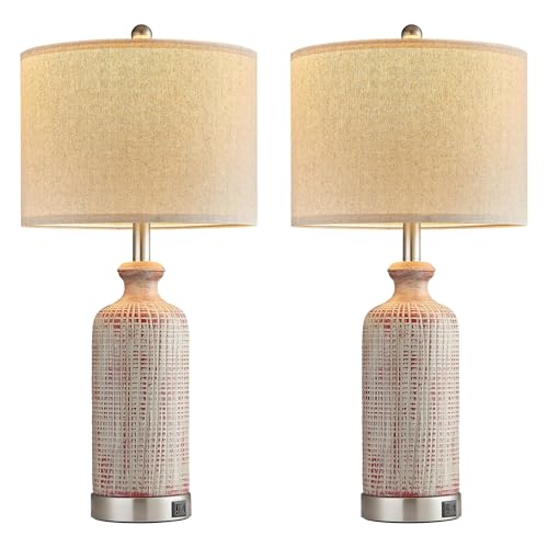 Living Room Lamps Set of 2, 27" Touch Lamps for Nightstand with USB A+C Ports, Modern Farmhouse Table Lamps for Bedroom, Red and White - color: Red&White