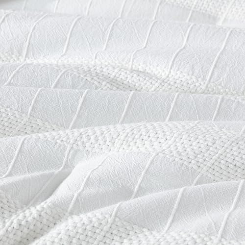 Chezmoi Collection 4-Piece Clip Jacquard Cotton Comforter Set King, Boho Chic Textured Tufted Basketweave Striped Bedding with Textured Woven Pillow Cushion, White - color: Yuki White, size: King