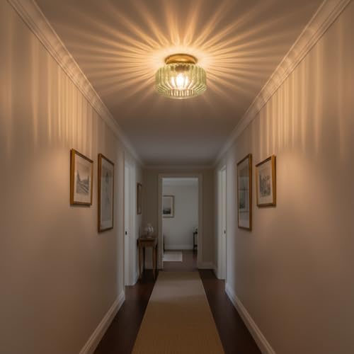 Sage Green Ribbed Glass Semi-Flush Mount Ceiling Light, 8.66" Mid-Century Modern Gold Light Fixture, E26 Base 1-Light Ceiling Lamp for Bedroom Bathroom Kitchen Hallway - color: Small, 8.66" Mint Green