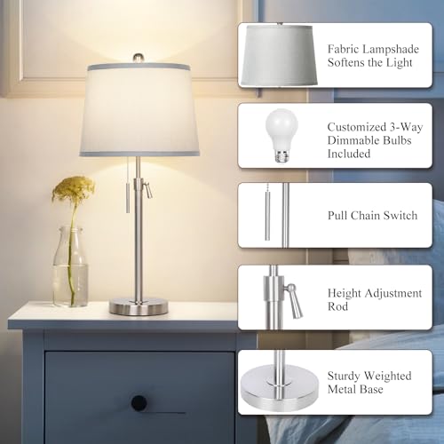 JUNNAI Table Lamps Set of 2, Bedside Lamp Silver Tall Table Lamps for Living Room End Tables, 22" to 30" Adjustable Height Lamp for Bedroom Nightstand Farmhouse with Pull Chain(Bulbs Included) - color: Silver+Gray Shade Set of 2