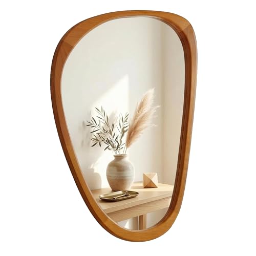 Solid Wood 30"x20" Irregular Asymmetrical Mirror, Japandi Boho Organic Shaped Decorative Accent Mirror, Small Natural Honey Walnut Wooden Wall-Mounted Mirror, Warm Walnut - color: Walnut, size: 30"L x 20"W