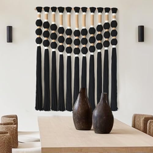 Macrame Wall Hanging Boho Wall Decor Black Fiber Yarn Wall Art Handmade Cotton Spherical Knot for Living Room Bedroom Nursery Office Home Decor27" W x 33" L - color: Black