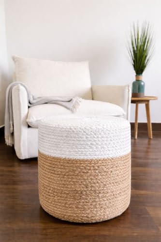 Jute Pouf Ottoman | Footrest Pouf | Hand Braided - Round Boho Pouffe - for Living Room, Bedroom, Nursery (16"x16"x16") Brown - color: Ivory, size: 16"D x 16"W x 16"H