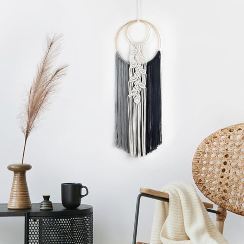 LB Black Macrame Wall Hanging, Handmade Woven Tapestry- Boho Dream Catchers Grey and Black Hanging Macrame Wall Art for Living Room Apartment Office Backdrop,10X30 Inch - color: Grey