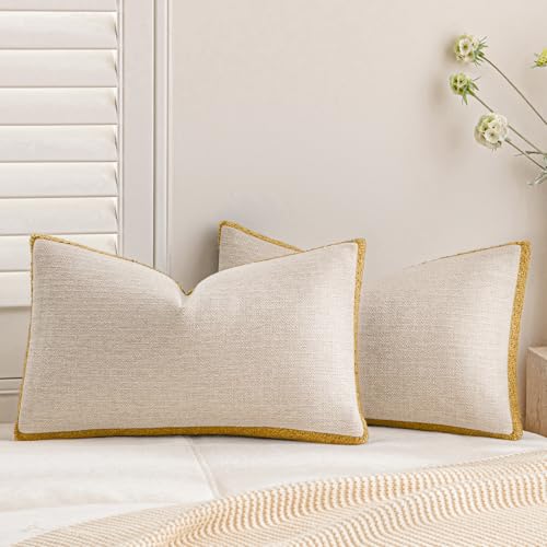 a moment Loop Yarn Linen-Like Pillow Cover Natural Soft Decorative Throw Pillow Case Farmhouse 12x20 Inch, Bohemian Textured Cushion Cover for Sofa Bed, Wrinkle-Resistant Home Decor Mustard Yellow - color: Mustard Yellow, size: 20" x 12" (Pack of 2)