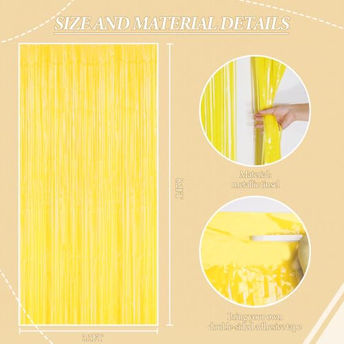 DECOCKRAT 3 Pack Foil Fringe Backdrop - Pastel Yellow Shiny Tinsel Curtains for Party Decoration/Photo Booth Props - 3.3x8.2 FT Metallic Foil Backdrop for Birthday, Wedding, Graduation, Christmas. - color: Pastel Yellow