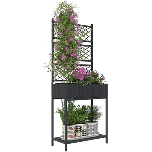 Outsunny Raised Garden Bed with Trellis, Outdoor Wicker Planter, Freestanding Rattan Planter Stand with Storage Shelf for Climbing Plants, Flowers, Herbs, Vegetables, Black - color: Black