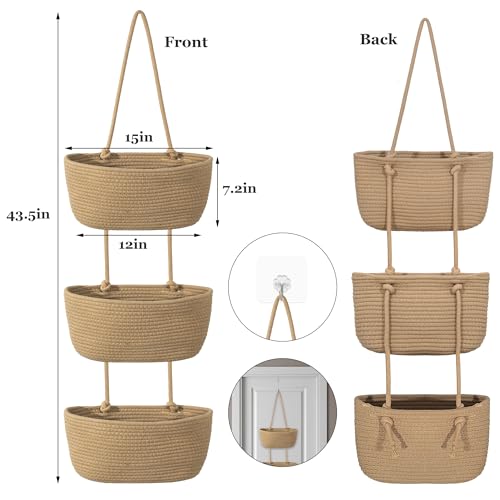3 Tier Wall Mounted Woven Hanging Basket, Over the Door Hanging Basket with Hooks, Decorative Storage Hanging Closet Removable, Large Wall Basket for Bedroom, Kitchen, RV (White & Camel) - color: White & Camel
