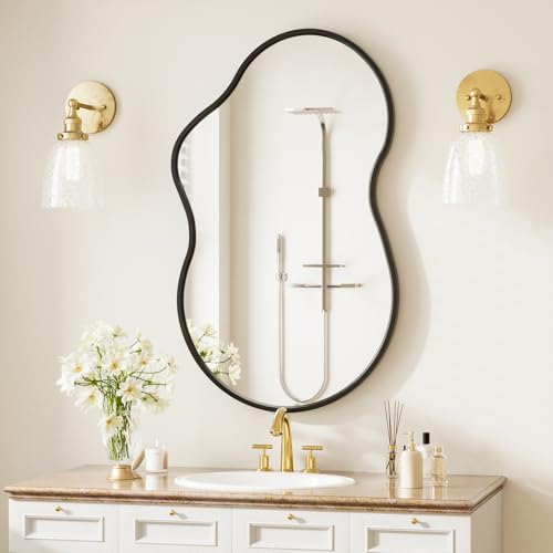 20”x 32” Irregular Wall Mirror, Black Bathroom Mirror, Modern Stylish Aluminum Metal Framed, Wall Mirrors Decorative for Living Room Bedroom Entryway (Horizontal/Vertical) - color: Black, size: 32"L x 20"W