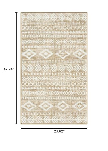 Lahome Boho Geometric Bathroom Runner Rug, 2x4 Low-Pile Tan Washable Rugs for Entryway Non-Slip Rubber Backing, Rustic Print Pattern Soft Throw Mat Indoor Door Mat for Bedroom Bathroom Varena - color: Tan/White, size: 2' x 4'