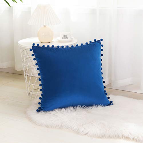 Elegant Comfort POM-POMS Fringe Velvet Cushion Covers Set of 2, Velvet Soft Solid Decorative Square Throw Pillow Covers Set Cushion Case for Couch Bed, Livingroom 18 x 18 Inch (45 x 45 cm), Royal Blue - color: Royal Blue, size: 18" x 18" (Pack of 2)