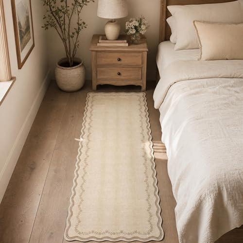 GarveeHome 2.6x10 Scalloped Washable Runner Rug for Kitchen, Soft Jute Long Hallway Runner Non Slip Entryway Rug Farmhouse Thin Laundry Mat Stain Resistant Carpet for Bathroom Beside Rug - color: Jute, size: 2'6" x 10' (Rectangular)