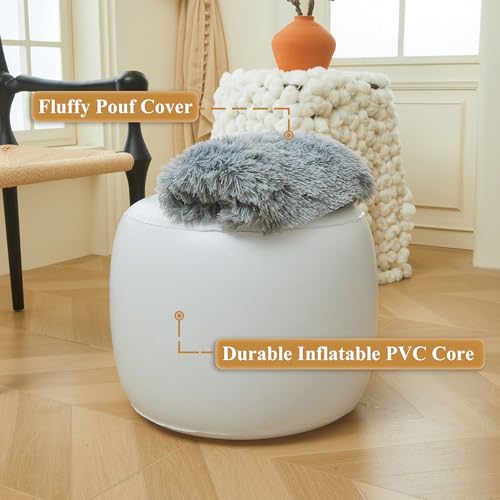 XeGe Fluffy Faux Fur Inflatable Pouf Ottoman, Soft Portable Shaggy Fuzzy Foot Stool, Gray Plush Furry Foot Rest Floor Pouf, Round Ottoman Cushion Living Room Bedroom Patio Dorm Desk, Light Grey - color: Light Grey, size: 20"x20"x16"