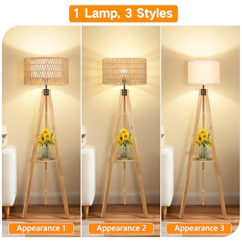 OUTON Boho Rattan Tripod Floor Lamp with Shelves, Remote Control, Dimmable Mid Century Modern Standing Lamp 58.5" for Bedroom, Living Room & Office, Lamp Shade Includes E26 9W Bulb, Wood - color: Wood & Rattan Shade