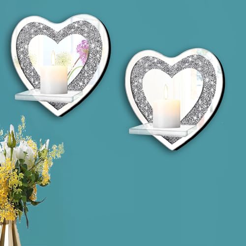 ZOLAPI Set of 2 Crystal Crush Diamond Candle Sconces, Gorgeous Silver Mirrored Wall Sconce, Candle Holder Glass Wall Decorations for Home Décor, Living Room, Dining Room.Heart Shaped - color: Silver Mirror Heart