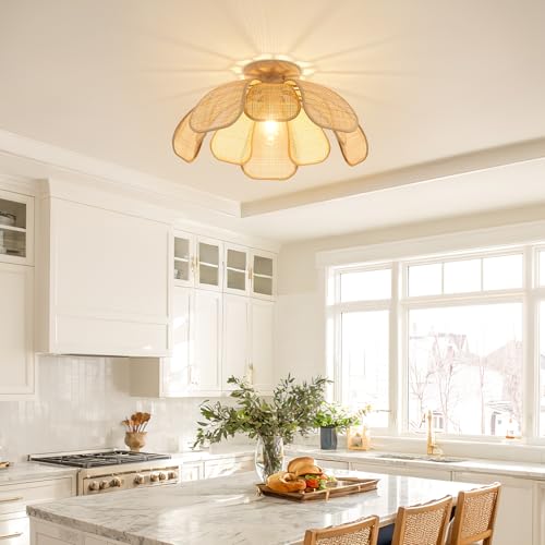 20 Inch Boho Flower Ceiling Light Flush Mount Farmhouse Rattan Light Fixtures for Bedroom Kitchen Dining Room Foyer Hallway Entryway - size: 20 Inch Flush Mount