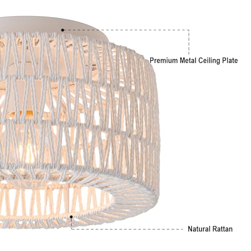 SineRise Rattan Ceiling Light Fixtures (12-Inch, LED Bulb Included), Hand-Woven Boho Flush Mount Ceiling Light, Rattan Chandelier for Hallway Kitchen Farmhouse Foyer Entryway Living Room(White) - color: White, size: Small