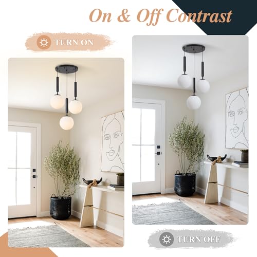 BOKT 3 Light Globe Cluster Pendant Light Modern Black Hanging Pendant Light Fixture White Milk Glass Vintage Farmhouse Pendant Lights Kitchen Island Adjustable Height Stairwell Lighting Chandelier - color: Black-3Light