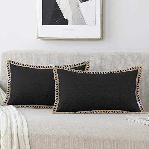 Set of 2 Farmhouse Throw Pillow Covers - Burlap Linen Trimmed Tailored Edges Decorative Cushion Covers for Bed Home Outdoor Decoration (2 Pieces, 12" x20", Black 2/ Linen Band) - color: Black, size: 20" x 12" (Pack of 2)