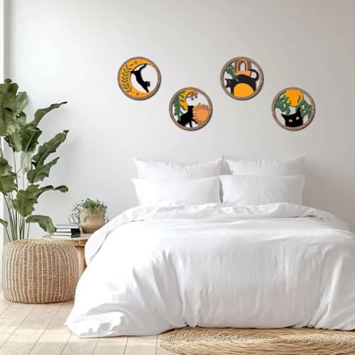XFN 4PCs 3D Boho Cat Hanging Wooden Wall Art Wall Decor, Botanical Wall Decor Bohemian Decor, Cat Lover Gifts, Wooden Sign Wood Art Wood Plaque Home Decor for Living Room Bedroom Farmhouse Kitchen - color: Multi 0108