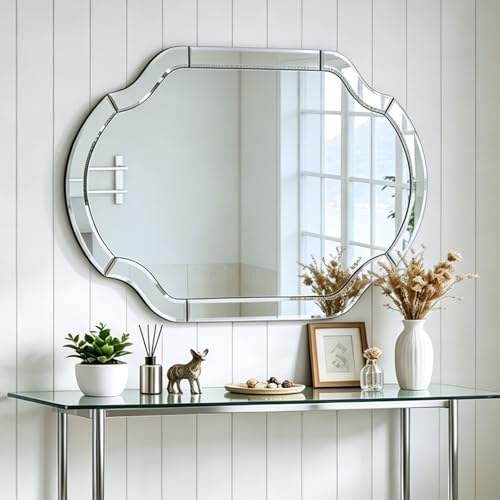 Large Mirror for Wall Decor, 40"x28" Decorative Living Room Mirrors with Scalloped Corner, Beveled Bathroom Mmirror for Entryway, Dining Room, Mantel, Hang Horizontally or Vertically - size: 40"L x 28"W